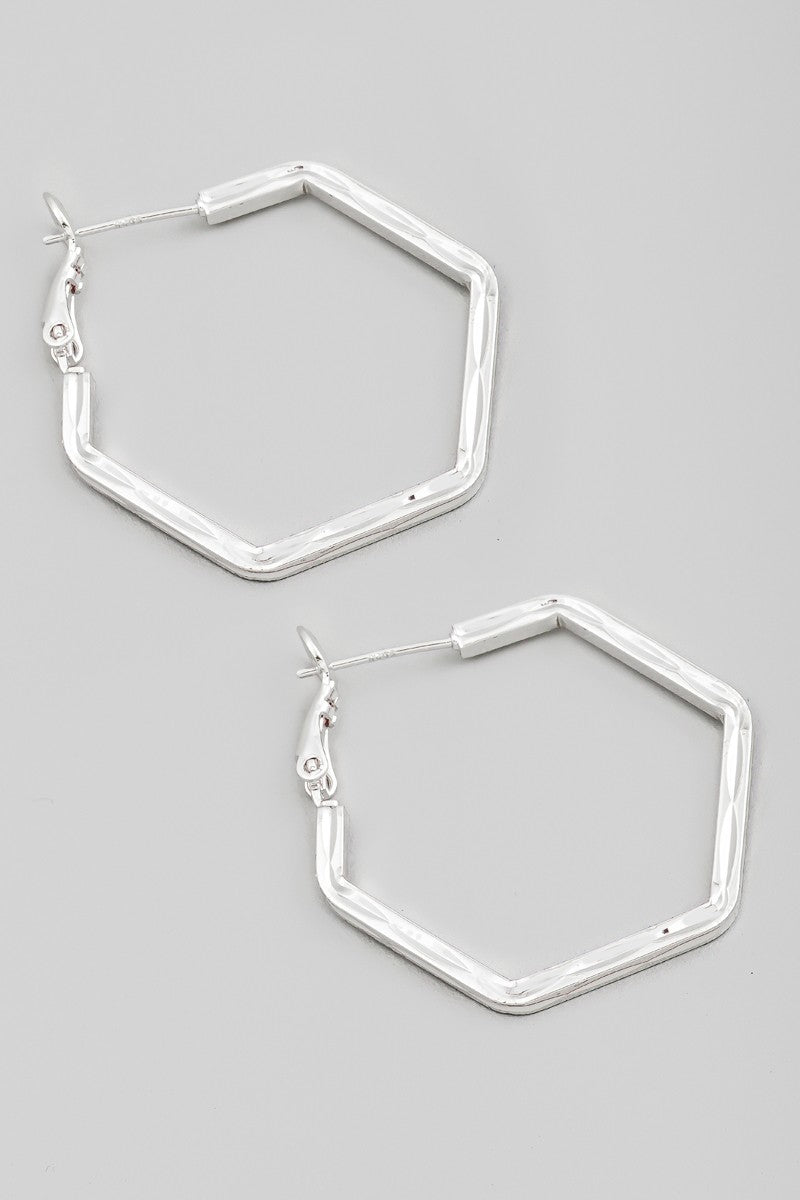 Silver Textured Flat Metallic Hexagon Hoop Earrings