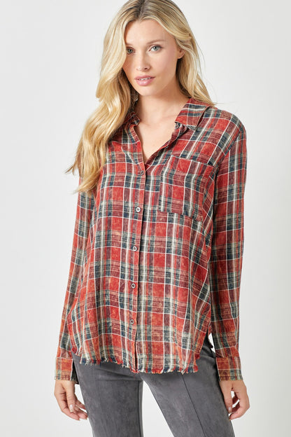 Red Washed Plaid Button Down Shirt