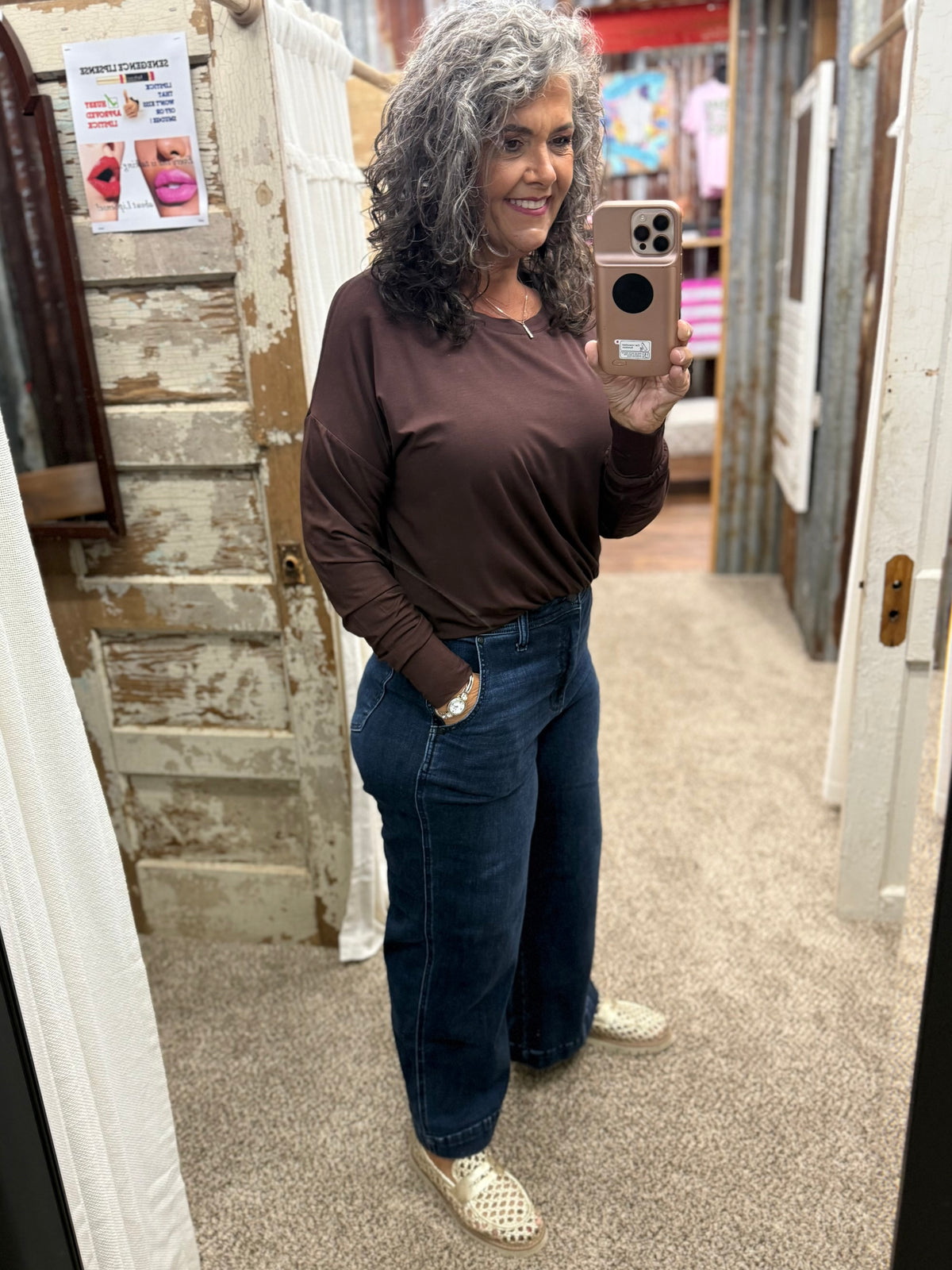 UMGEE Brown Double Lined Bubble Hem Long Sleeve Top