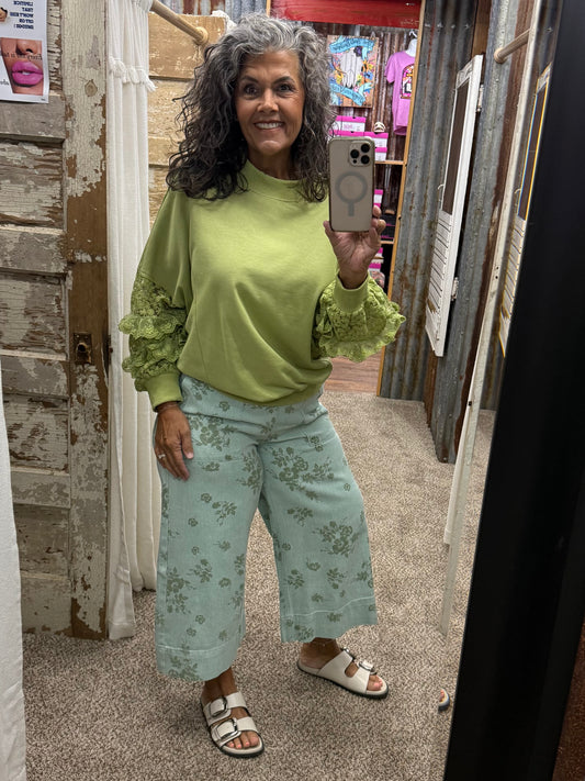SAGE GREEN FLORAL PRINT WASHED TWILL PANTS