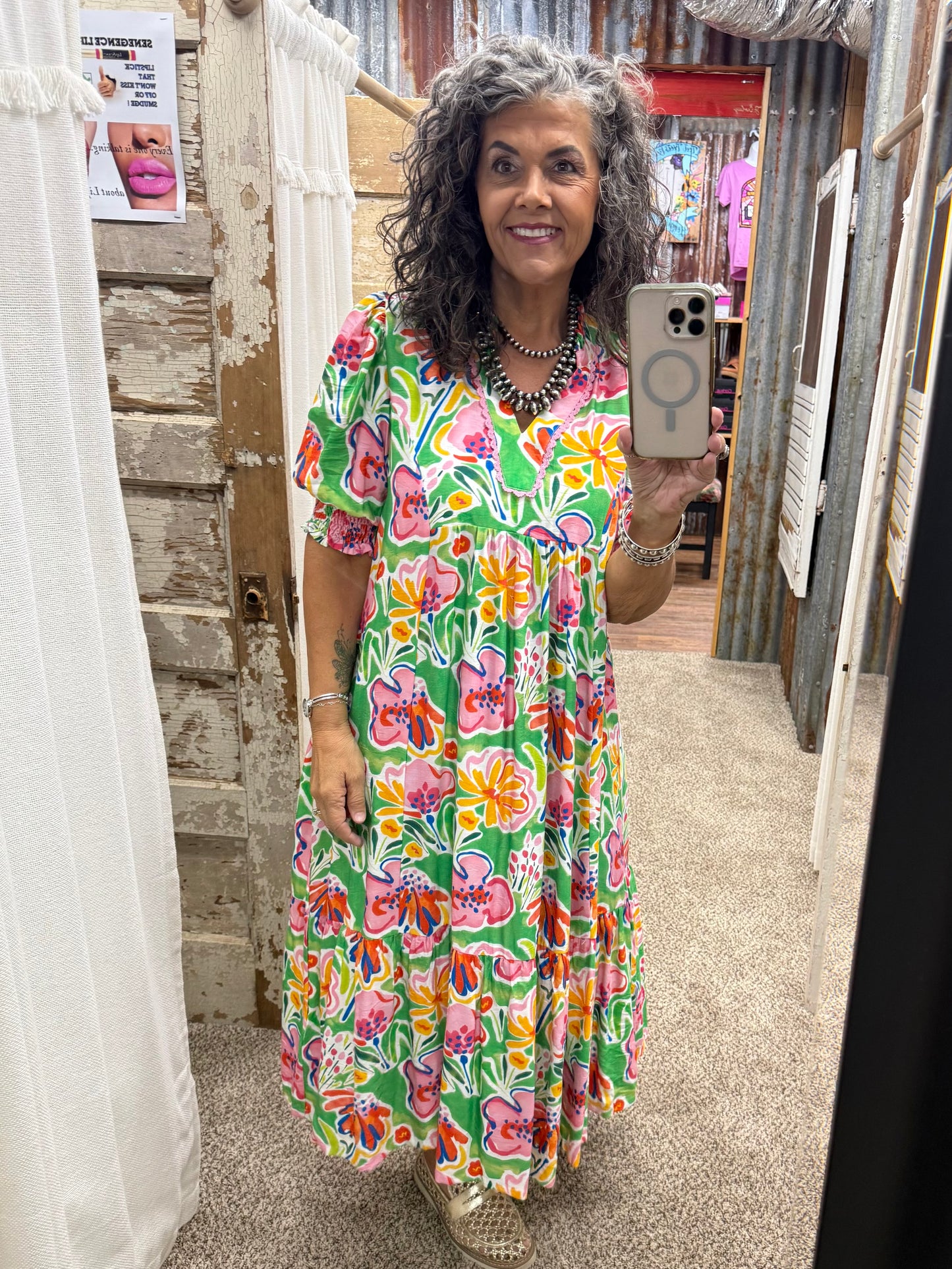 UMGEE Green Floral Print Puff Sleeve Tiered Midi Dress