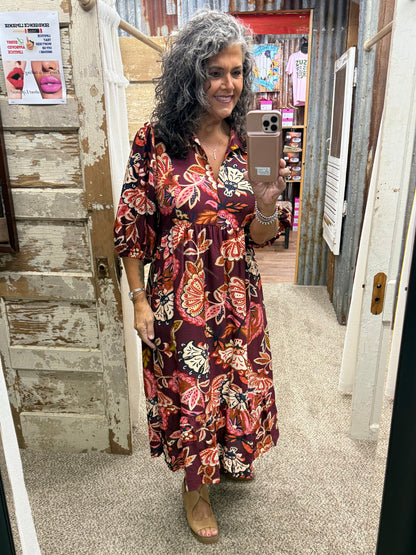 UMGEE Burgundy Boho Paisley Tiered Midi Dress