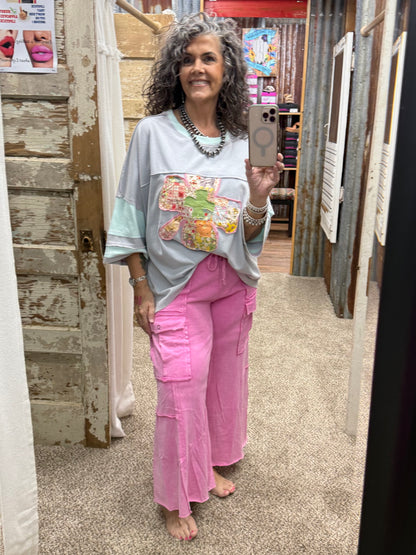 EASEL BUBBLE GUM WASHED WIDE LEGS TERRY CARGO PANTS