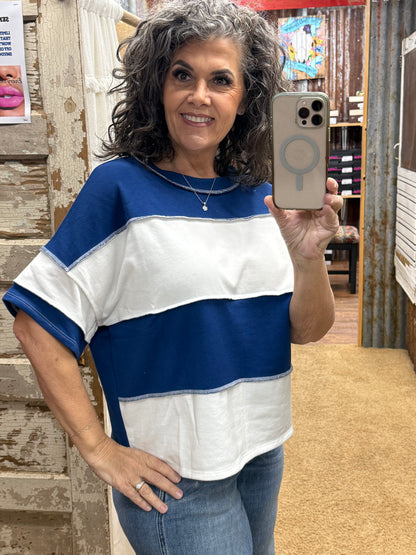 Navy & White Colorblock Top
