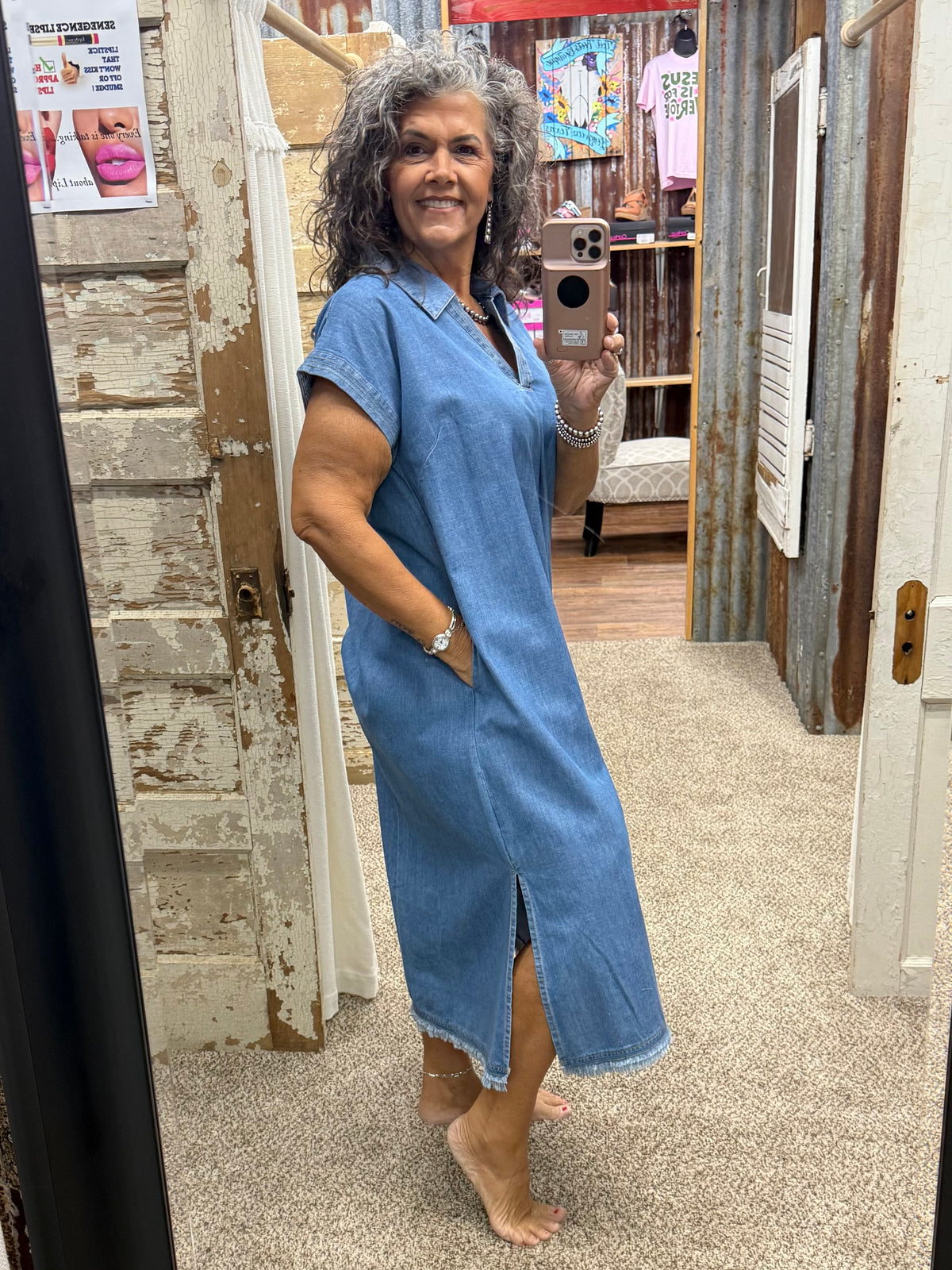 UMGEE Light Denim Washed Collared Denim Midi Dress