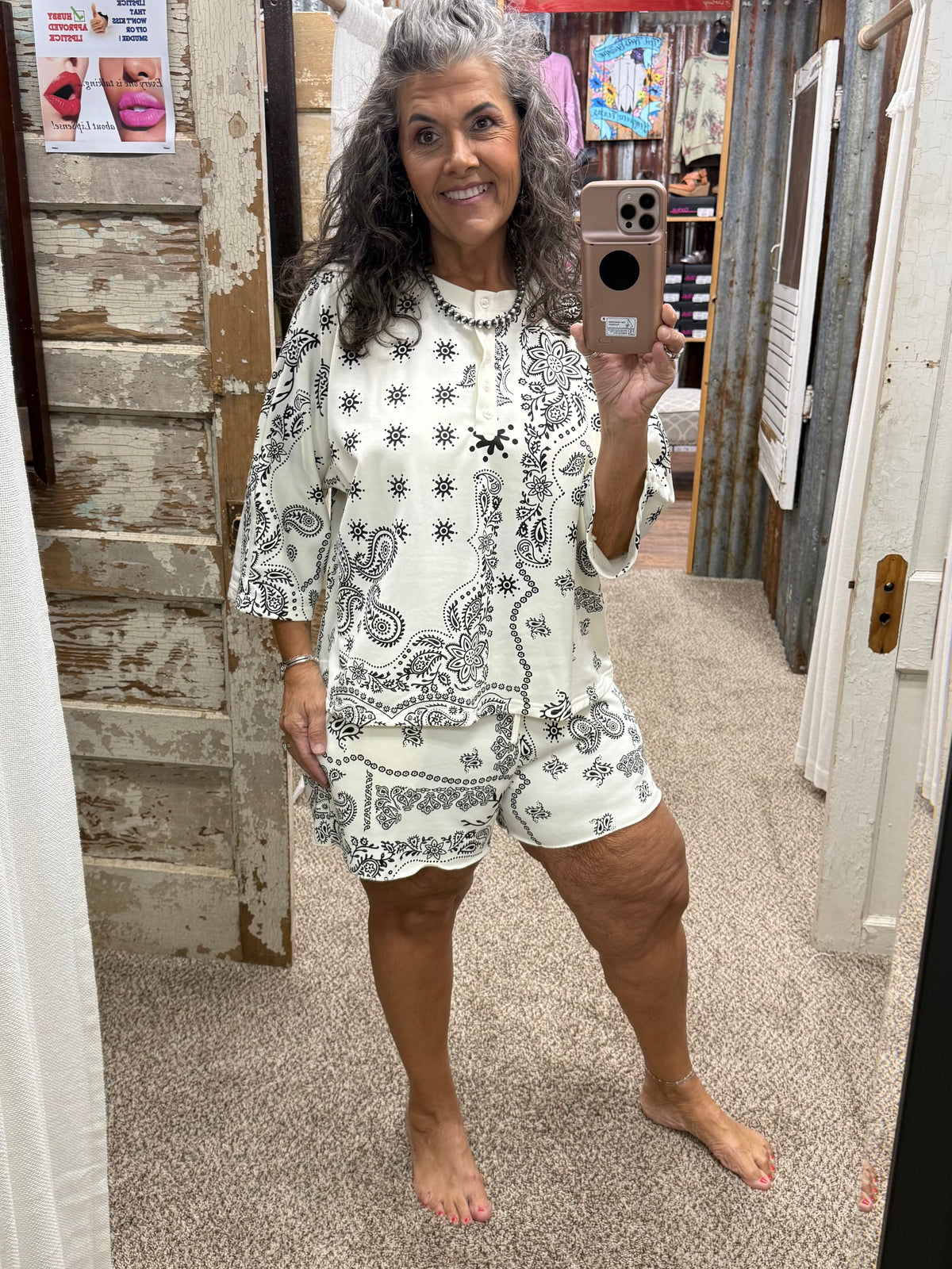Bandana Printed French Terry Henley Top & Shorts Set
