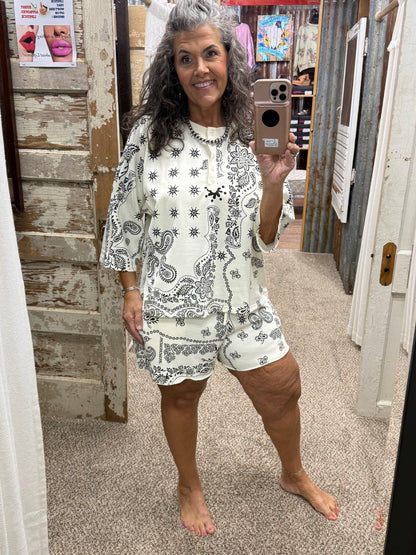 Bandana Printed French Terry Henley Top & Shorts Set