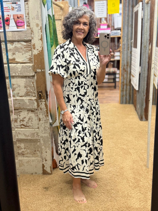 Botanical Print A Line Tiered Dress