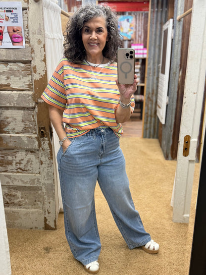 Striped Short Sleeve Relaxed Fit Knit Top: APRICOT COMBO