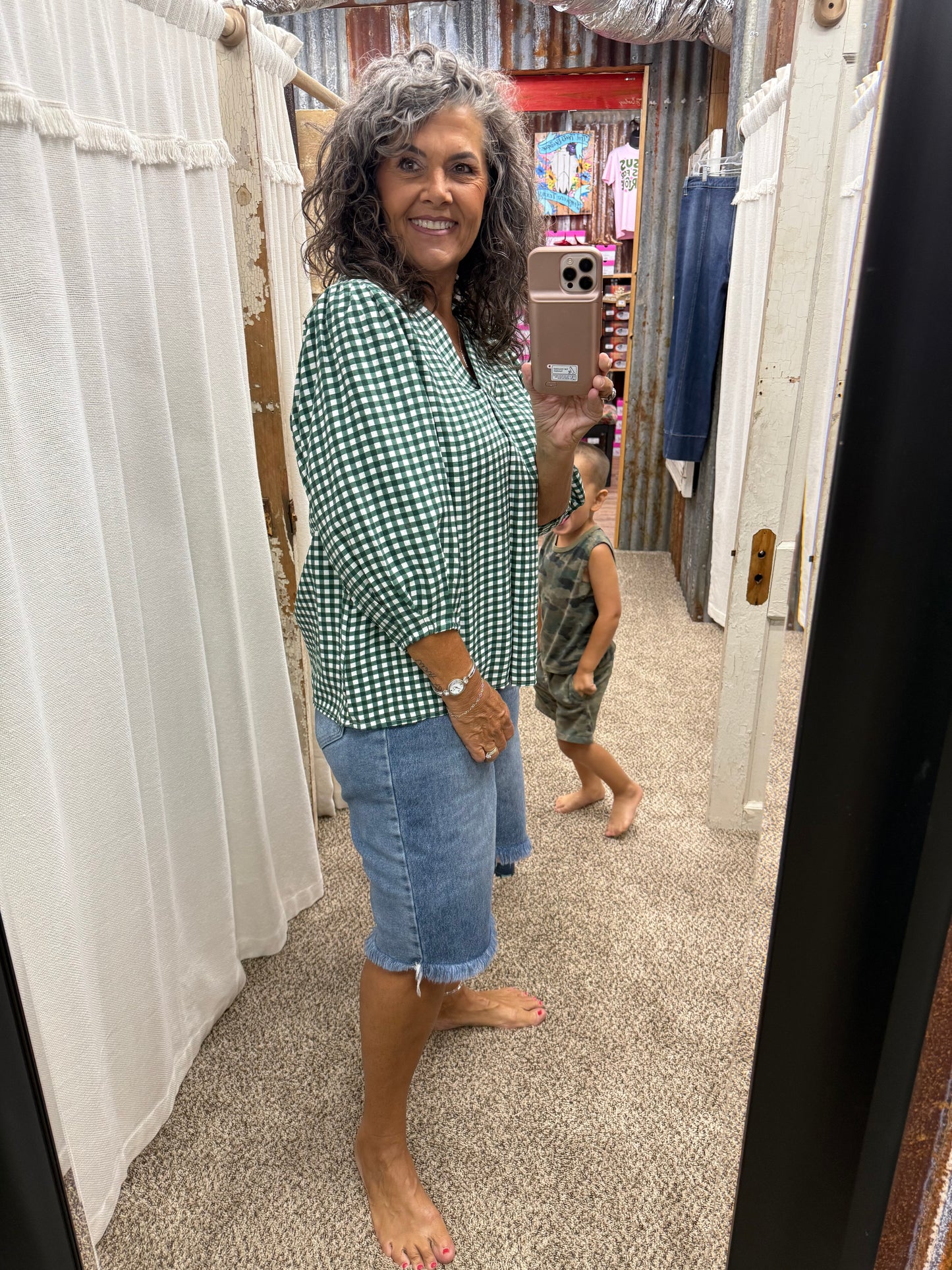 UMGEE Hunter Green Gingham Check Collared Puff Sleeve Blouse