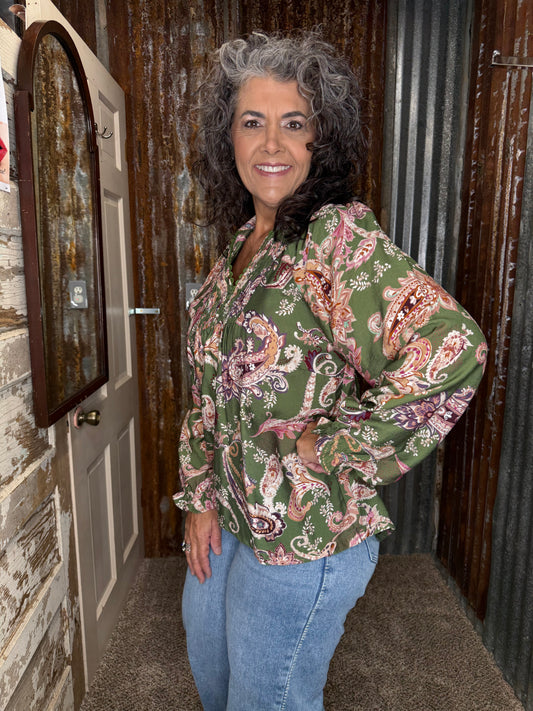 UMGEE Olive Paisley Smocked Collared V-Neck Blouse