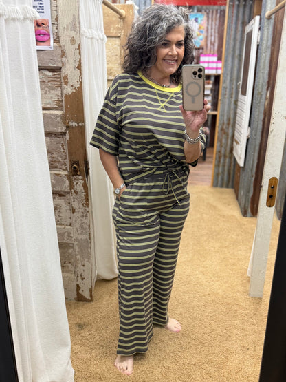 Striped Relaxed Fit Knit Top and Wide Leg Pant Set: CHARCOAL/LIME