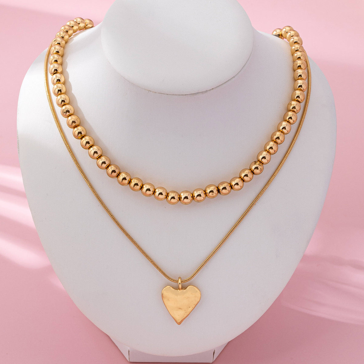 DOUBLE LAYER BALL CHAIN HEART CHARM NECKLACE | 80N92736: GOLD