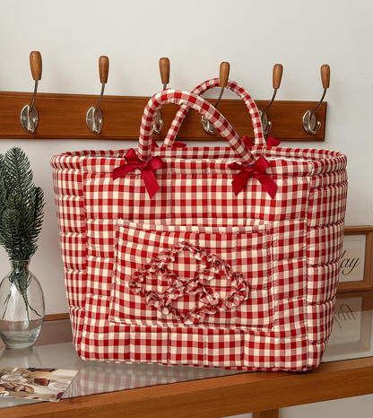 Rose Red Gingham Laundry Basket Foldable Quilted Storage Basket