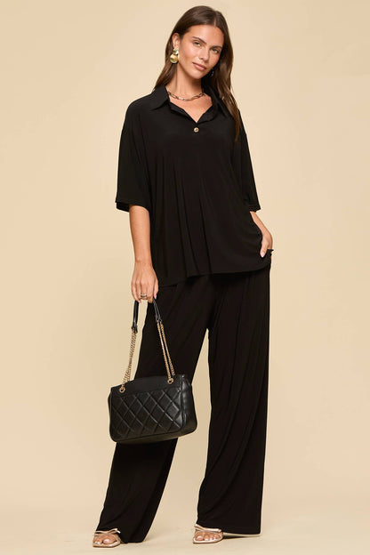 2-Piece Blouse + Relaxed Pants Resort Wear Black Set