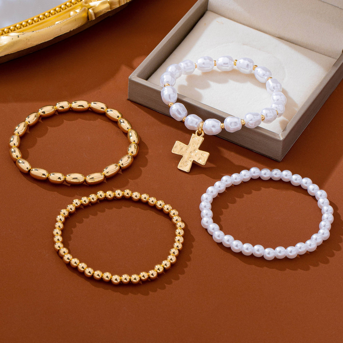 Pearl & Gold-Tone Beaded Cross Bracelet Set | 80B1910: SET
