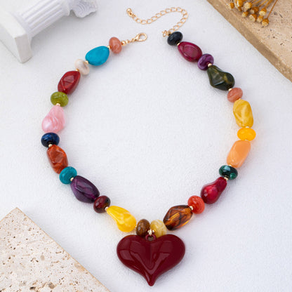 Chunky Multicolor Bead Heart Pendant Necklace | 80N93690: MULTI