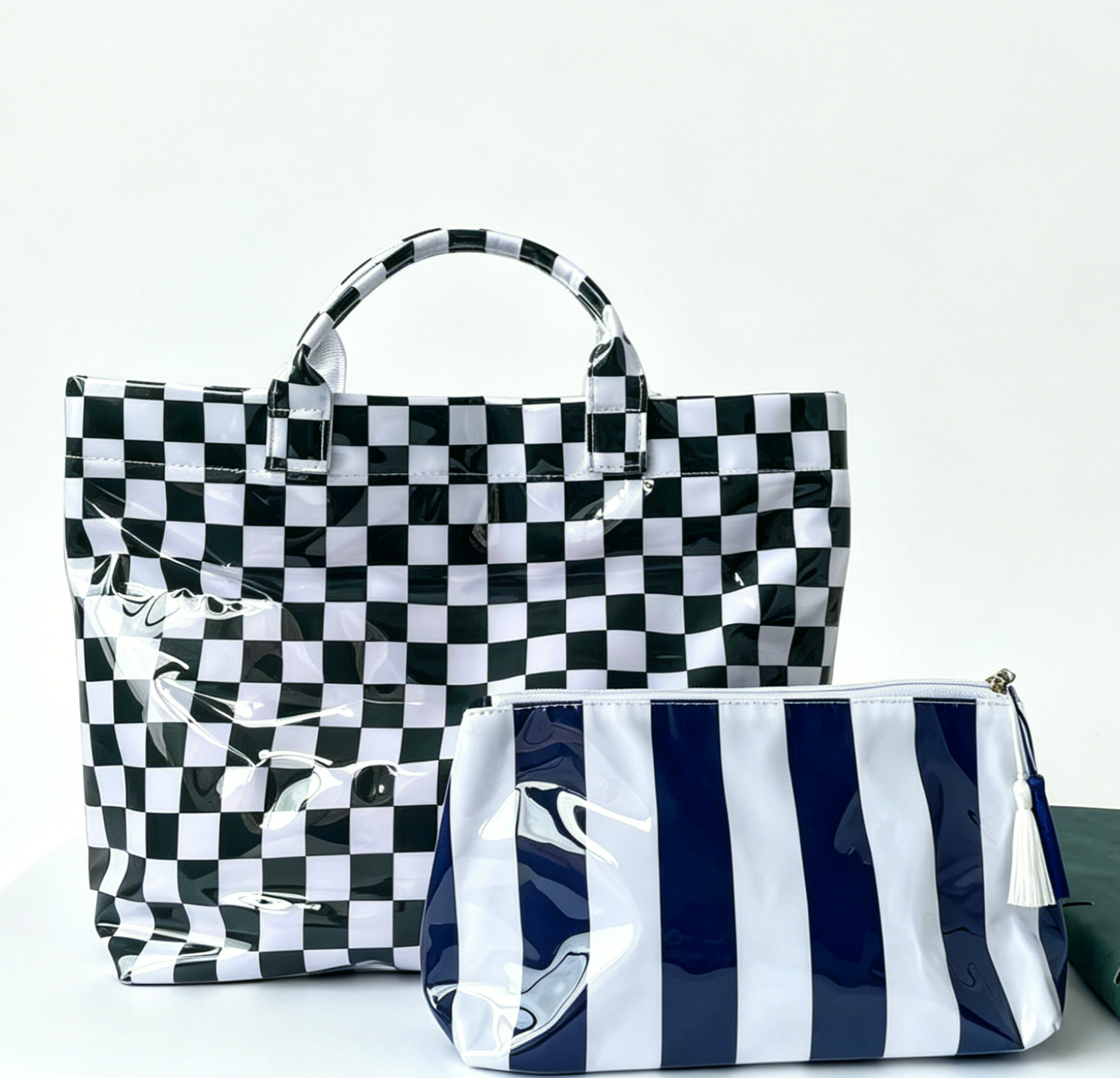 Colorful Color Block Striped Tote Bag Snap Waterproof Beach Bag Set