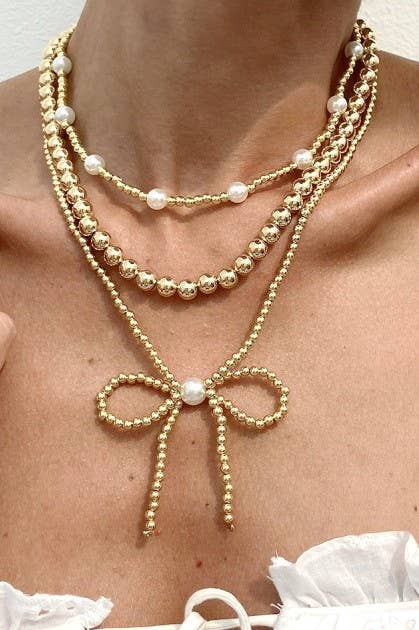 MULTILAYER BALL CHAIN BEAD PEARL BOW NECKLACE | 40NK9455: GOLD