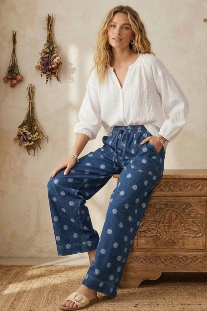 Denim Polka Dot Denim Wide Leg Pants