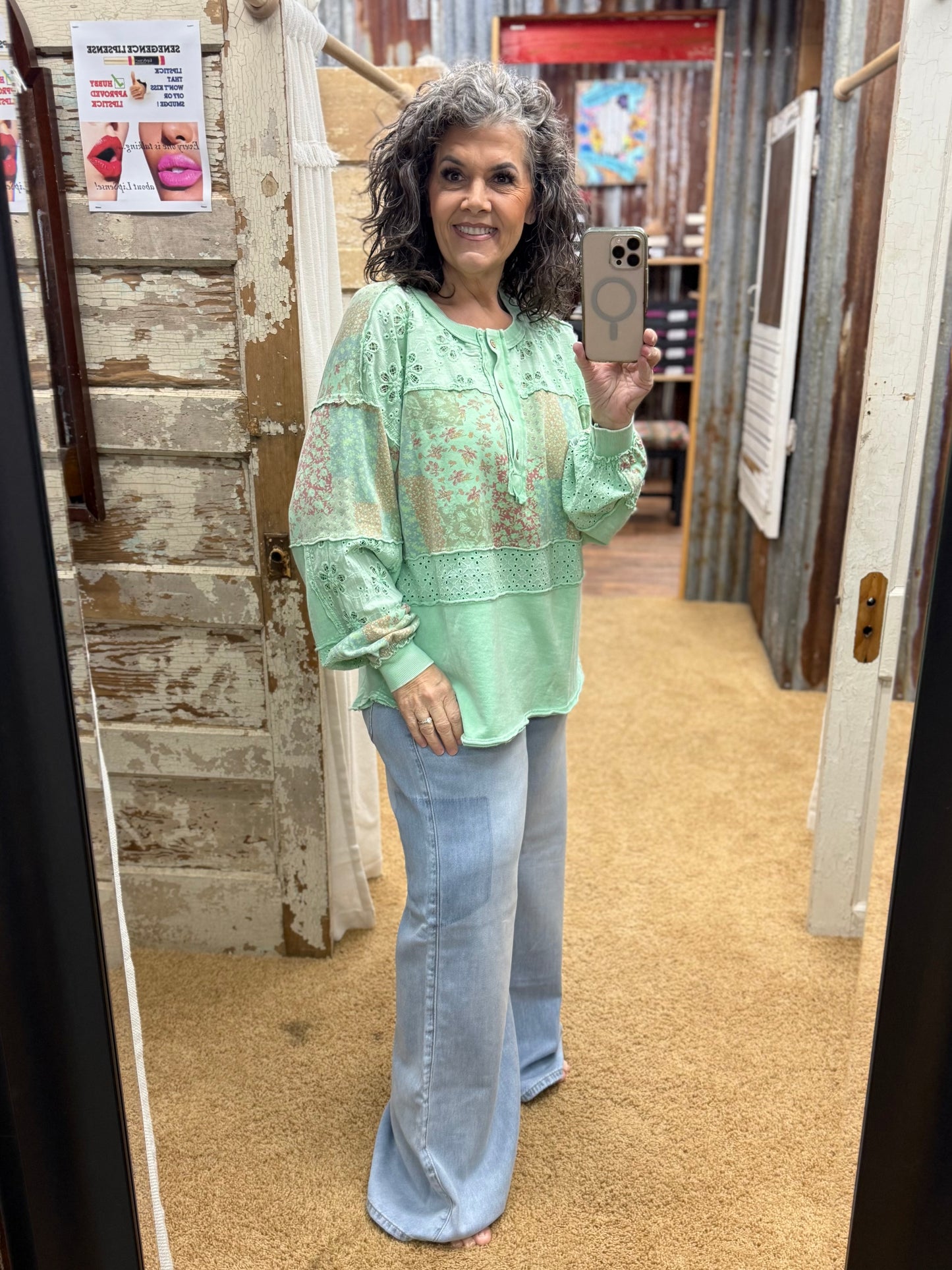 ATLANTIS GREEN PRINT MIX BUTTON FRONT WASHED TOP