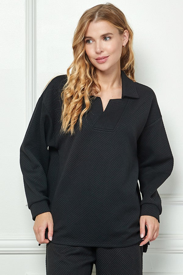 Black Long Sleeve Textured Collared Top