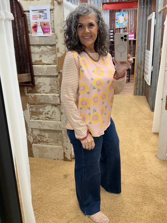 CORAL PINK FLOWER PRINT COTTON JERSEY WASHED TOP