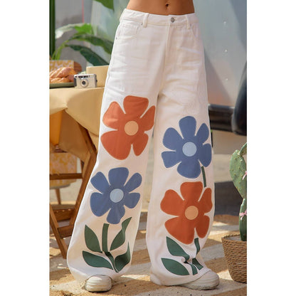 RETRO FLORAL APPLIQUE WIDE LEG COTTON PANTS: OFF WHITE