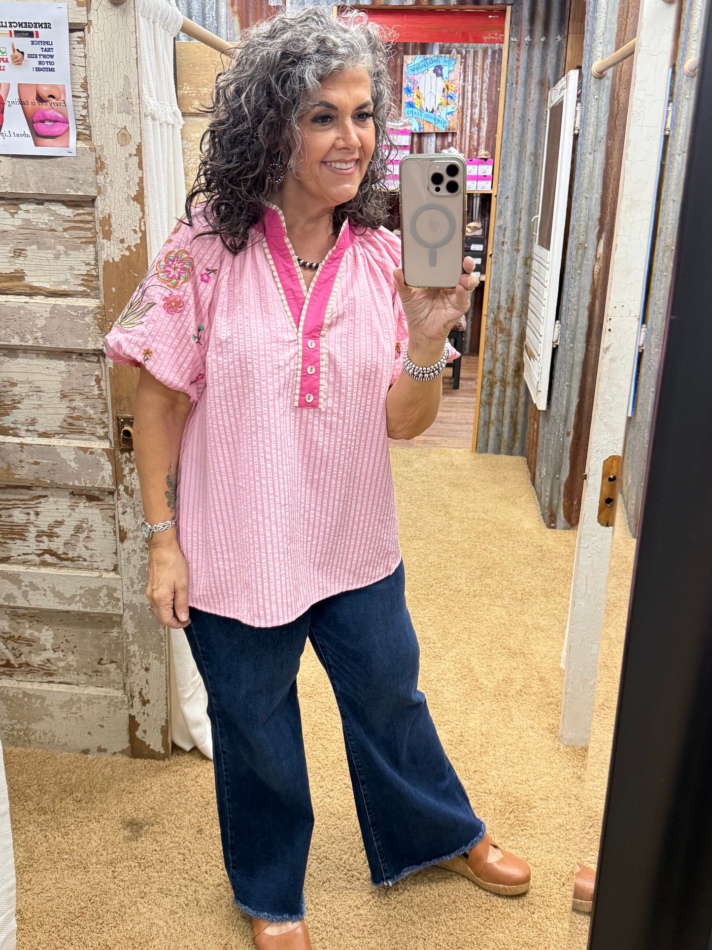 UMGEE Pink Embroidered Stripe Top