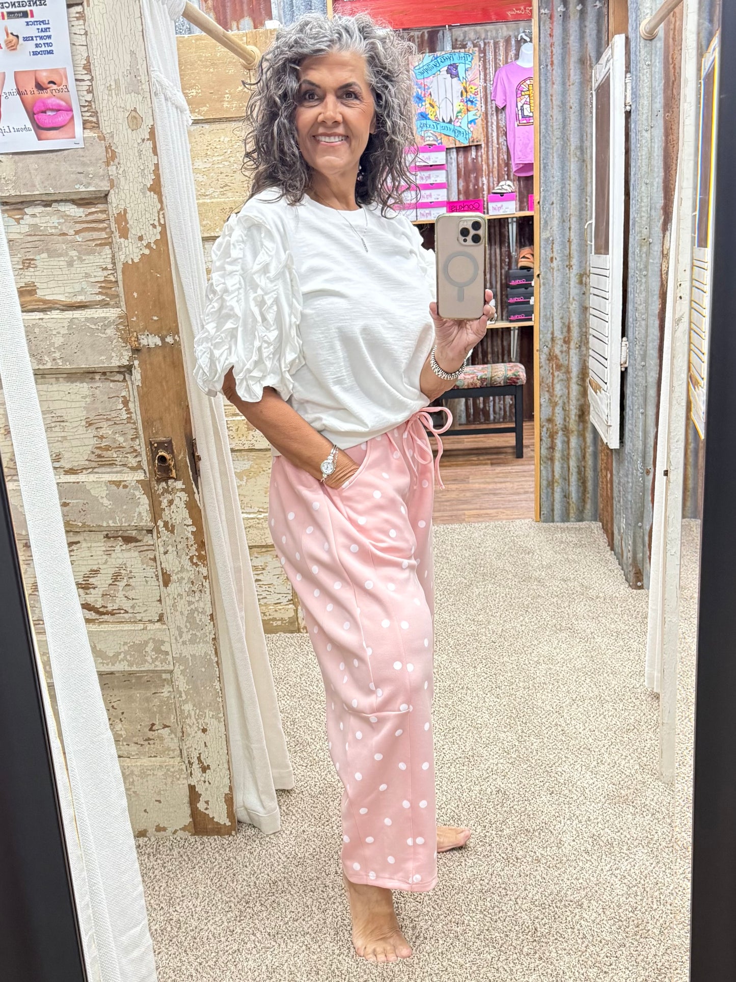 Lt Pink Polka Dot Heavy Scuba Barrel Lounge Pants