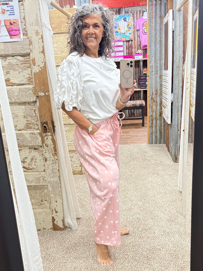 Lt Pink Polka Dot Heavy Scuba Barrel Lounge Pants