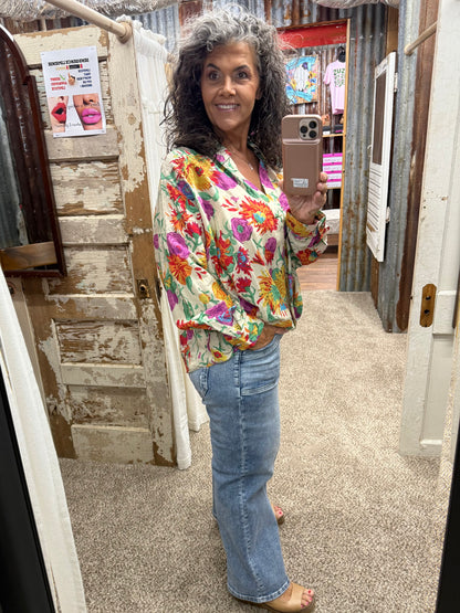 UMGEE Ecru Floral Print Surplice Long Sleeve Blouse
