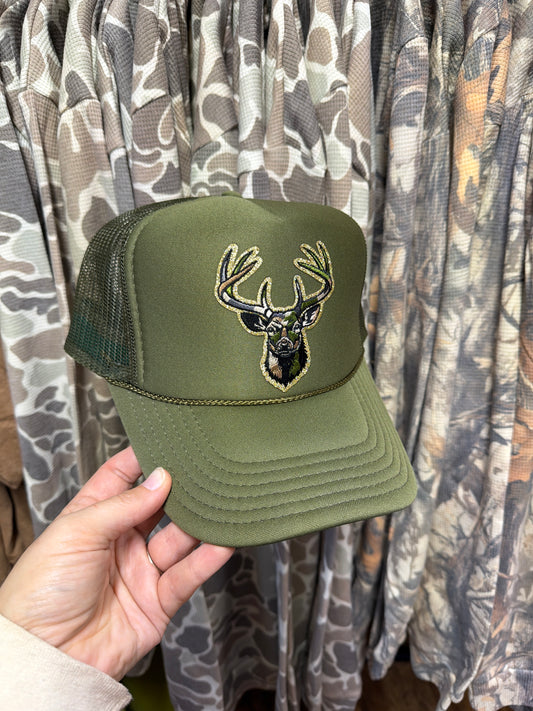 Backwoods Bougie Sequin Trucker Hat - Olive Buck