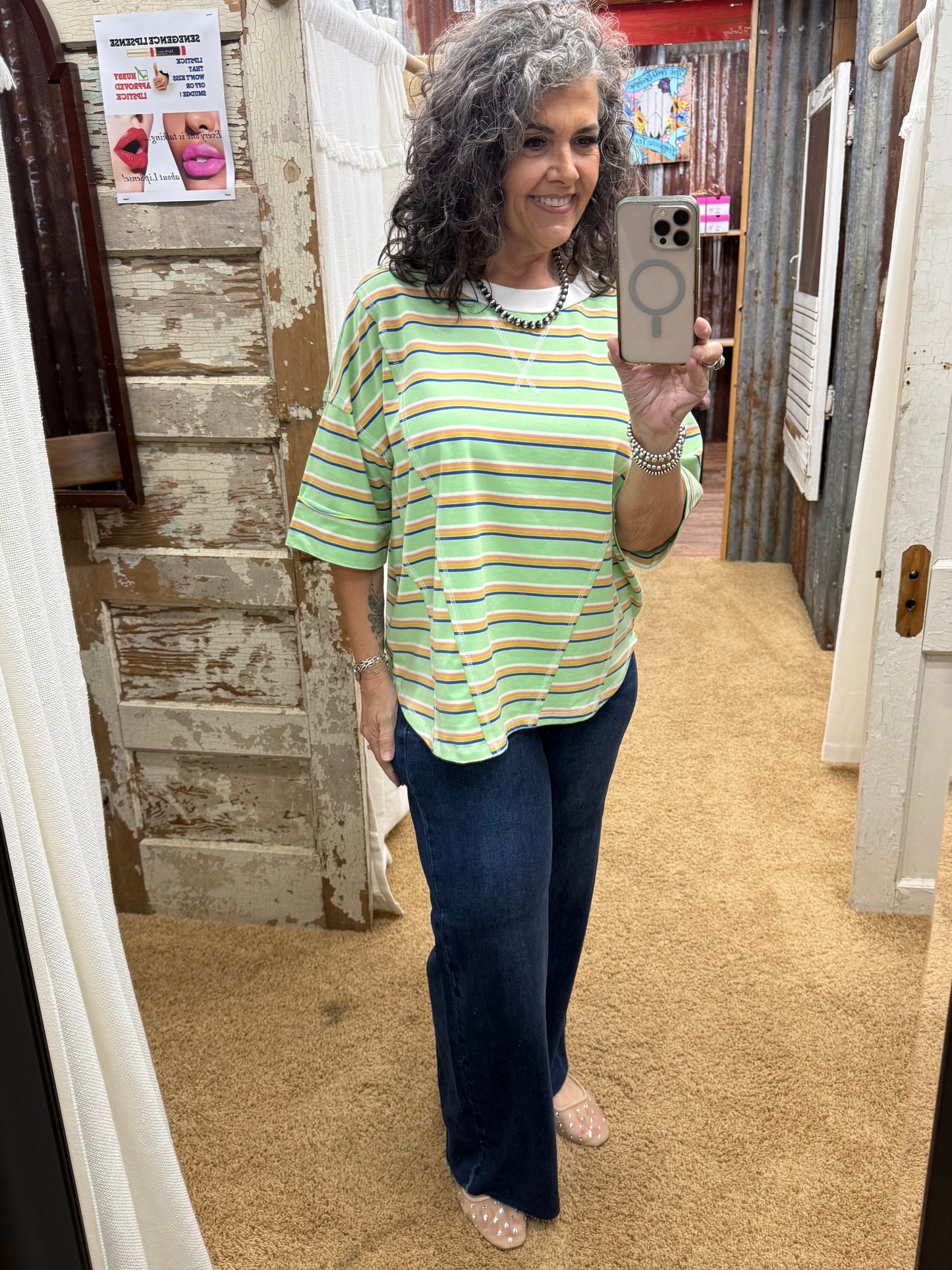 Striped Oversized Short Sleeve Knit Top: MINT COMBO