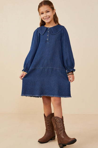 Girls Peter Pan Collared Cinch Cuff Chambray Dress