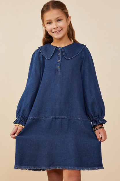 Girls Peter Pan Collared Cinch Cuff Chambray Dress