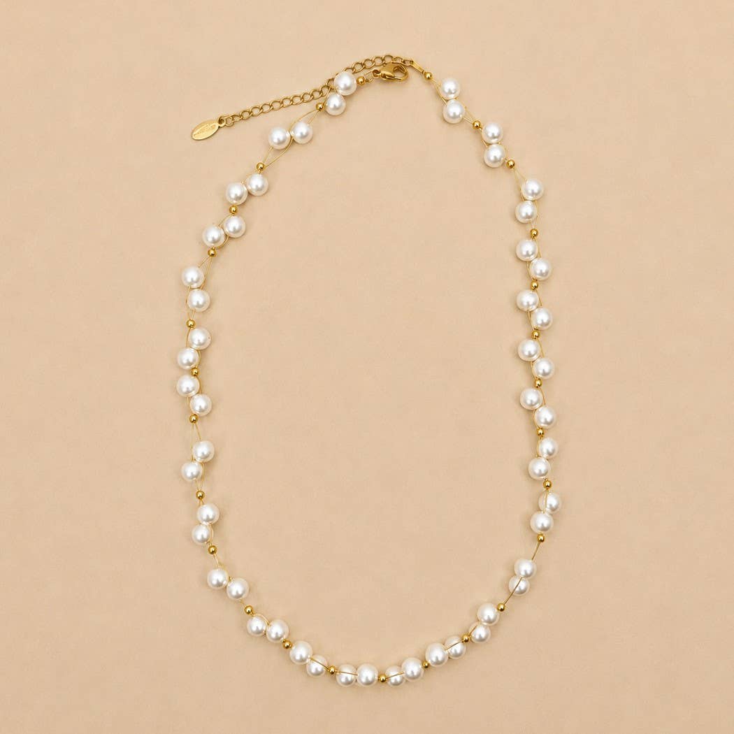 Faux Baroque Pearl & Gold Wire Station Necklace | 40NK9791: GOLD