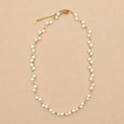 Faux Baroque Pearl & Gold Wire Station Necklace | 40NK9791: GOLD