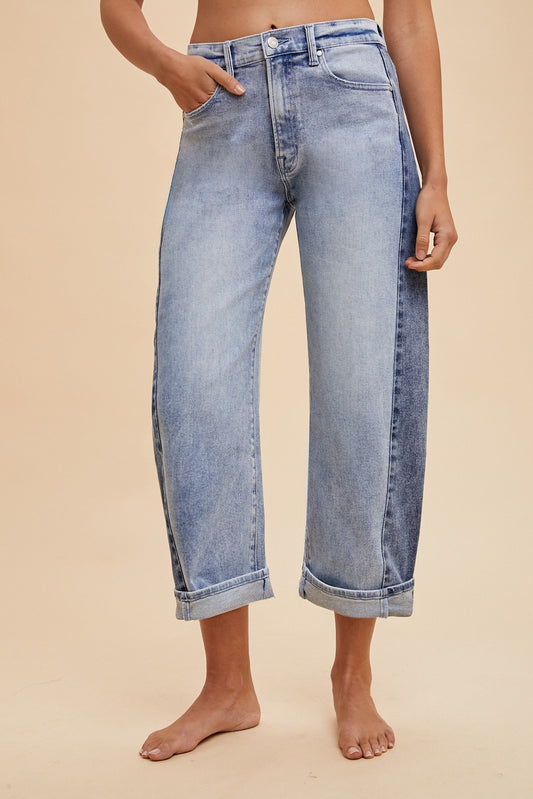 Two Tone Side Panel Stretch Barrel Leg Crop Jean