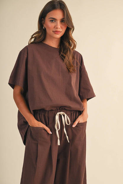 BROWN RELAXED FIT TOP AND WIDE LEG CROPPED PANTS SET