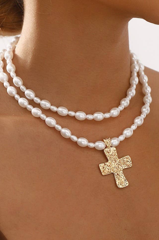 LUSTROUS FAUX PEARL BEADED LAYERED CROSS NECKLACE | 40NK9552: GOLD