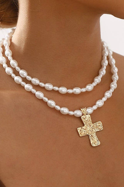LUSTROUS FAUX PEARL BEADED LAYERED CROSS NECKLACE | 40NK9552: GOLD