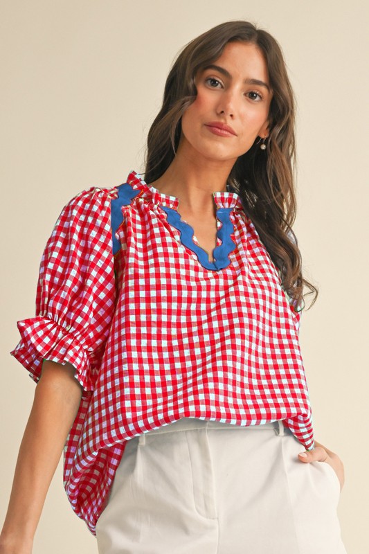 Ric-rac Trimmed RED Gingham Check Puff Sleeve Blouse