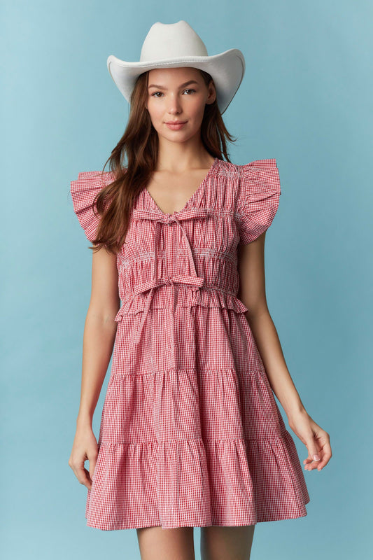 Red Gingham Ruffle With Lace Trim Detail Mini Dress