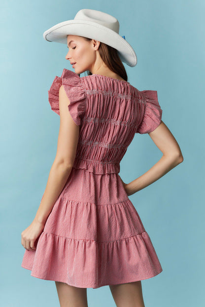 Red Gingham Ruffle With Lace Trim Detail Mini Dress