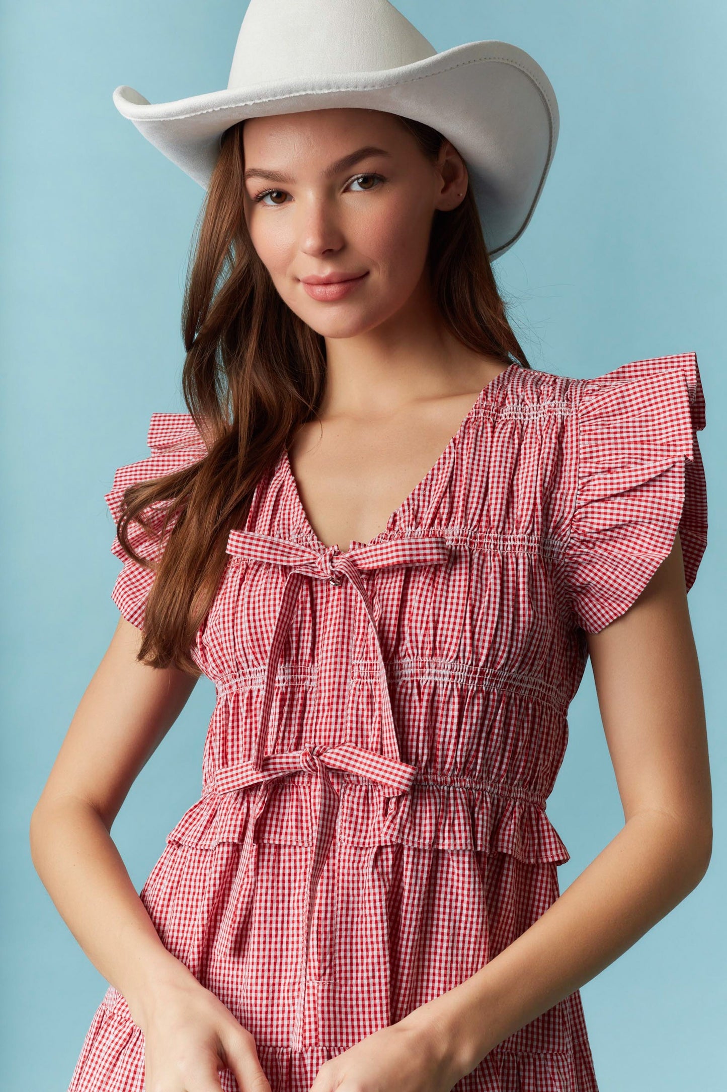 Red Gingham Ruffle With Lace Trim Detail Mini Dress