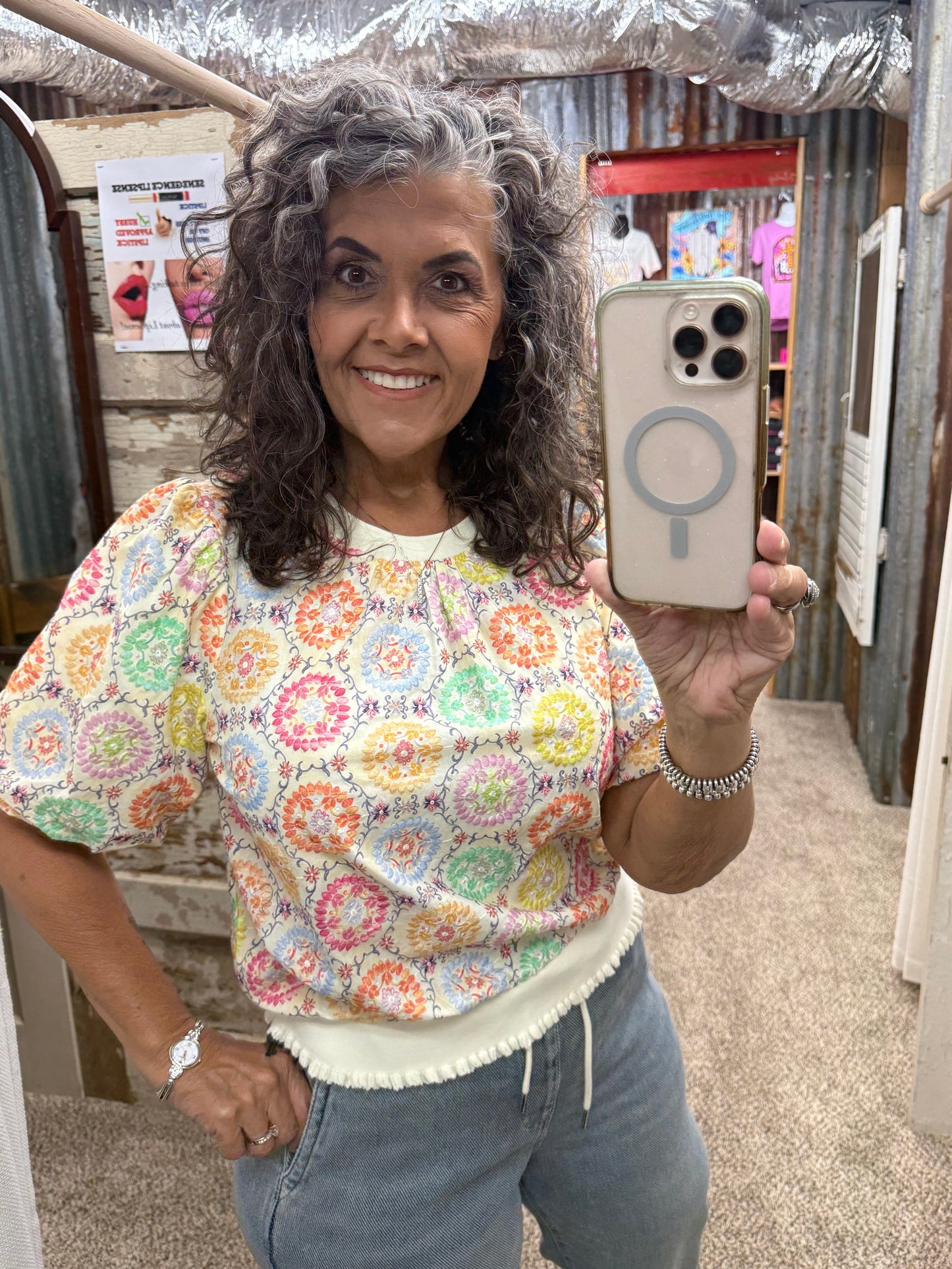 Floral Embroidered Print Bubble Sleeve Top