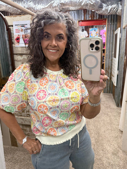 Floral Embroidered Print Bubble Sleeve Top