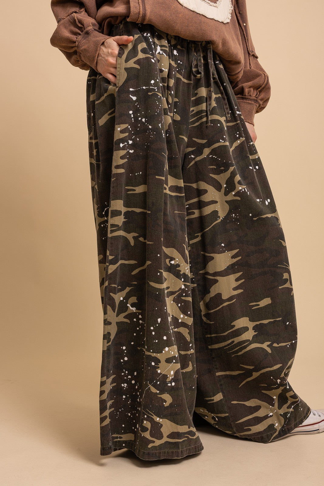 BlueVelvet Mineral-Washed Paint Splatter Camo Wide Leg Pants