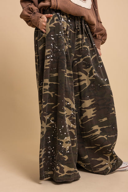BlueVelvet Mineral-Washed Paint Splatter Camo Wide Leg Pants